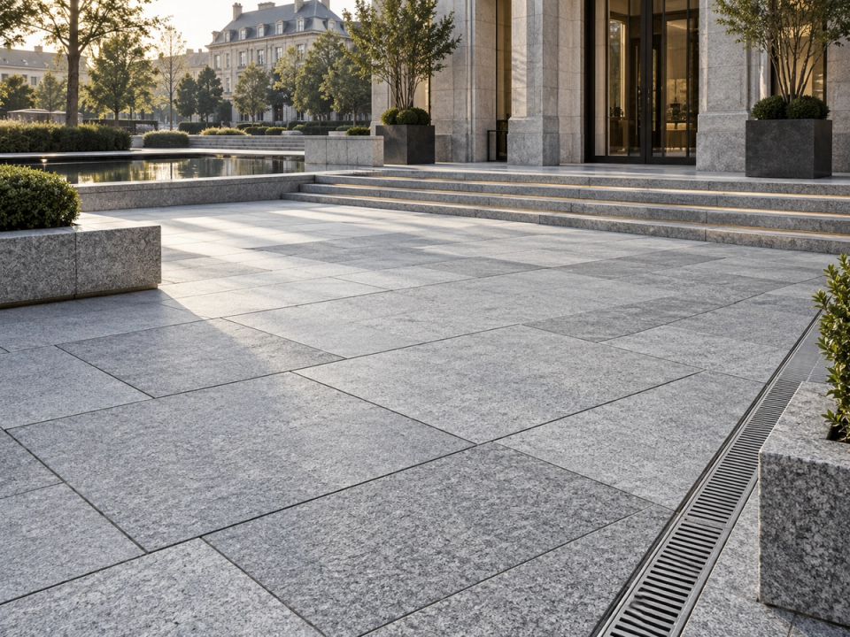 Custom granite paving slabs for large projects with multiple sizes, granite steps and detailed drainage paving