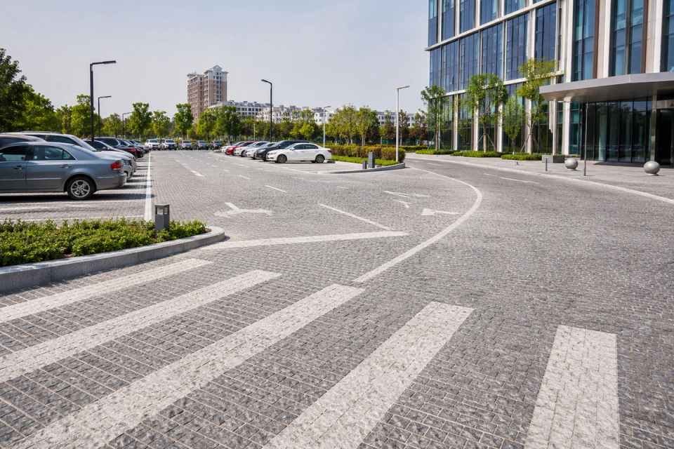 Premium natural granite cobblestone paving for a modern public building car park, defining parking bays, main vehicle routes and fire access while combining heavy duty performance with landscape design.