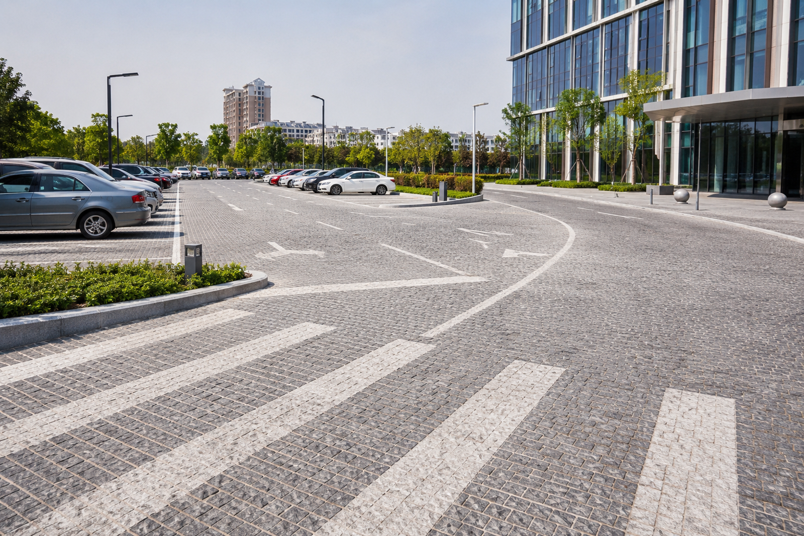 Premium natural granite cobblestone paving for a modern public building car park, defining parking bays, main vehicle routes and fire access while combining heavy duty performance with landscape design.