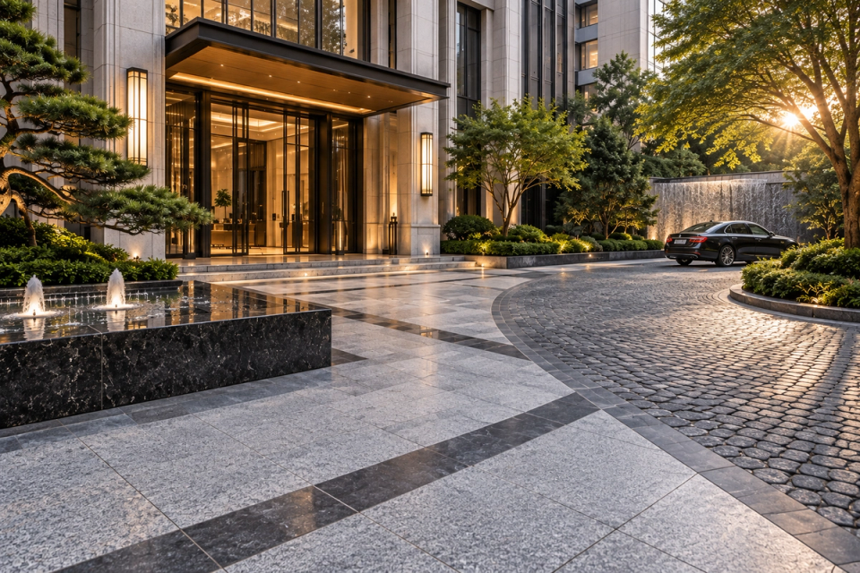 Natural granite material hierarchy in a high-standard landscape project, with large-format granite slabs at the main building entrance, dark granite cobblestones for the curved driveway, and granite kerbstones defining landscape edges.