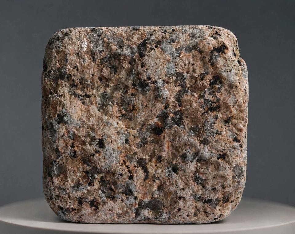 Imperial Sunset Granitpflasterstein mit antiker Oberfläche, warmen rotgoldenen Farbtönen, silbergrauen Kristallen, dunklen natürlichen Mineralien und weich gealterten Kanten