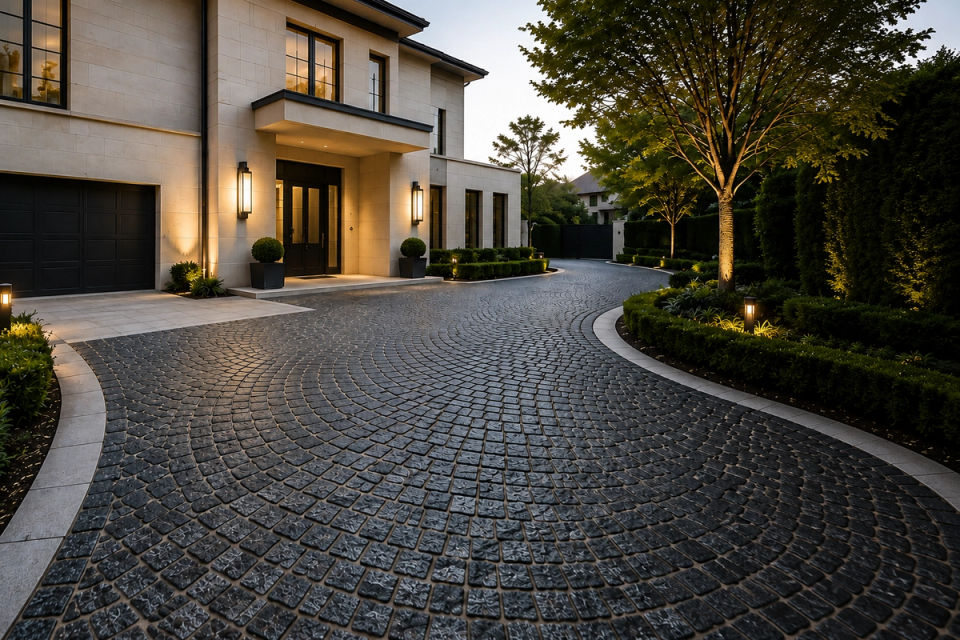 Premium natural granite cobblestones laid in curved and fan patterns at a boutique hotel entrance and commercial landscape plaza, connecting the drop-off area, entrance plaza and landscape pathways