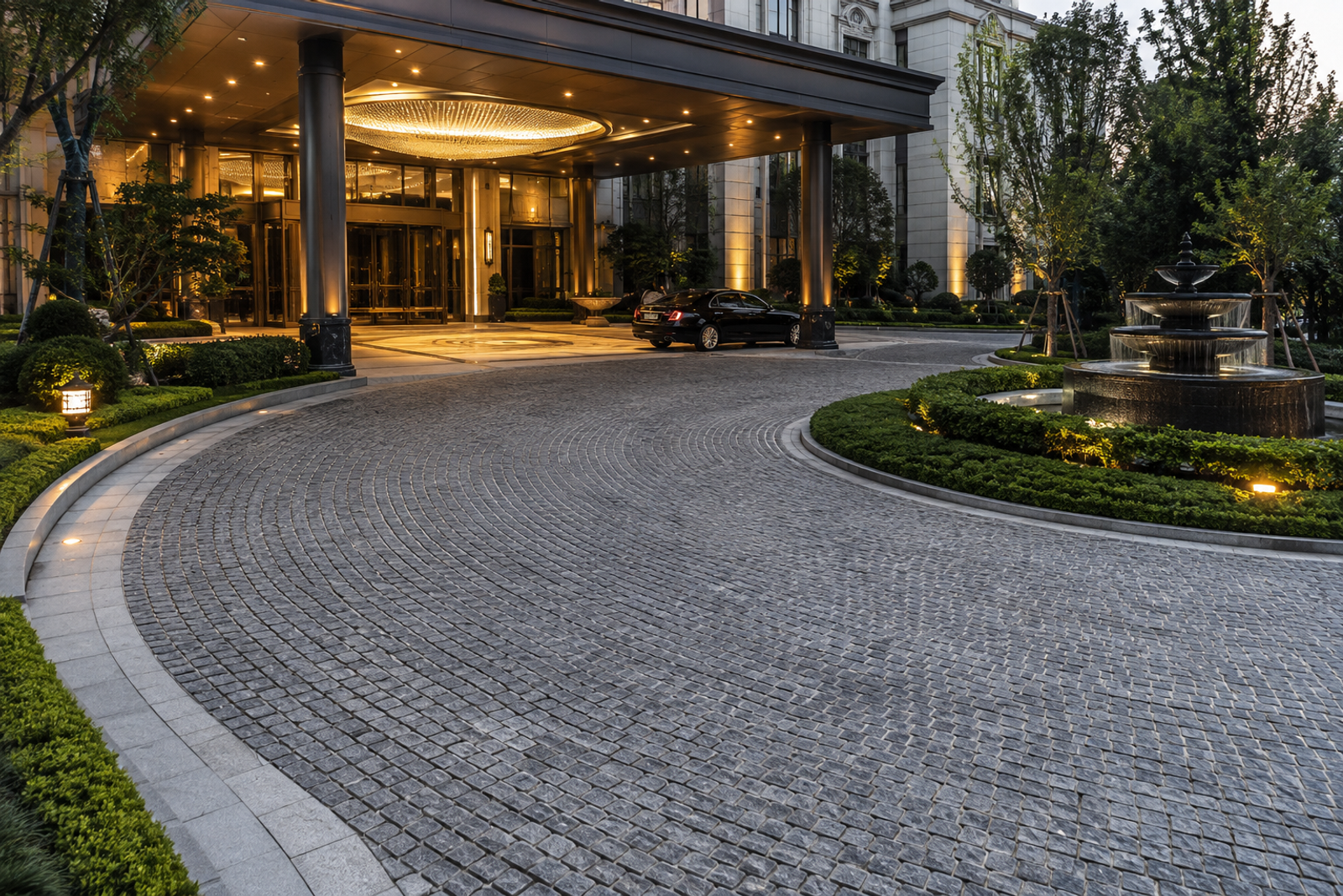 Luxury hotel entrance drop-off area and circular driveway paved with dark grey natural granite cobblestones in a curved pattern, integrated with the entrance canopy, landscaping and fountain