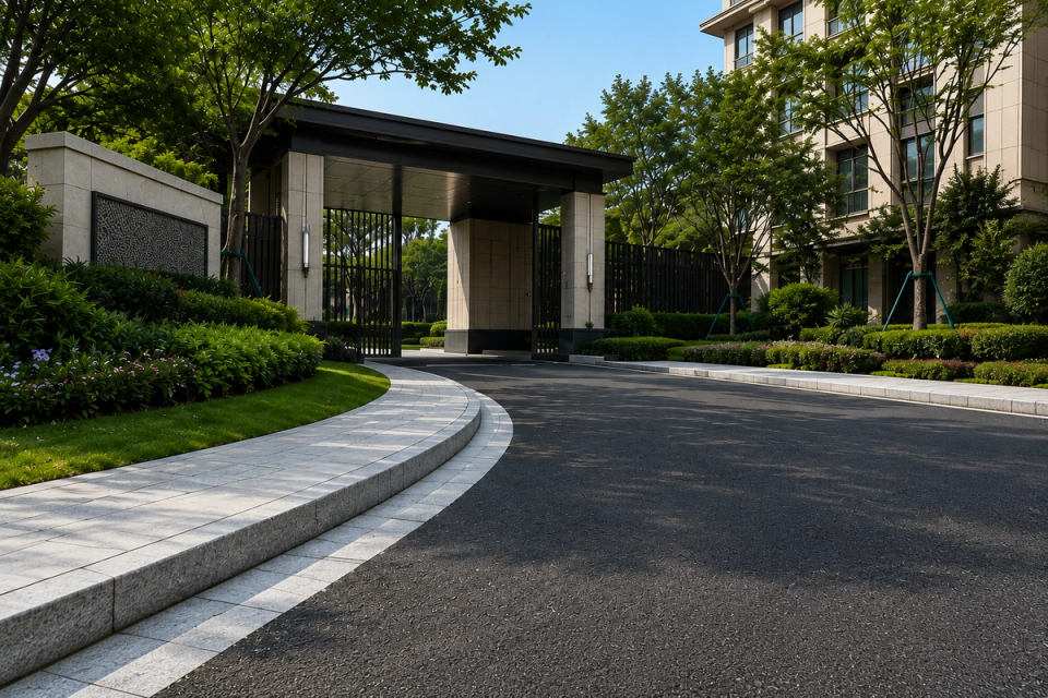 High-quality granite kerbstones defining the entrance and landscape roads of a premium residential community, connecting roadways, pedestrian paving and planted areas