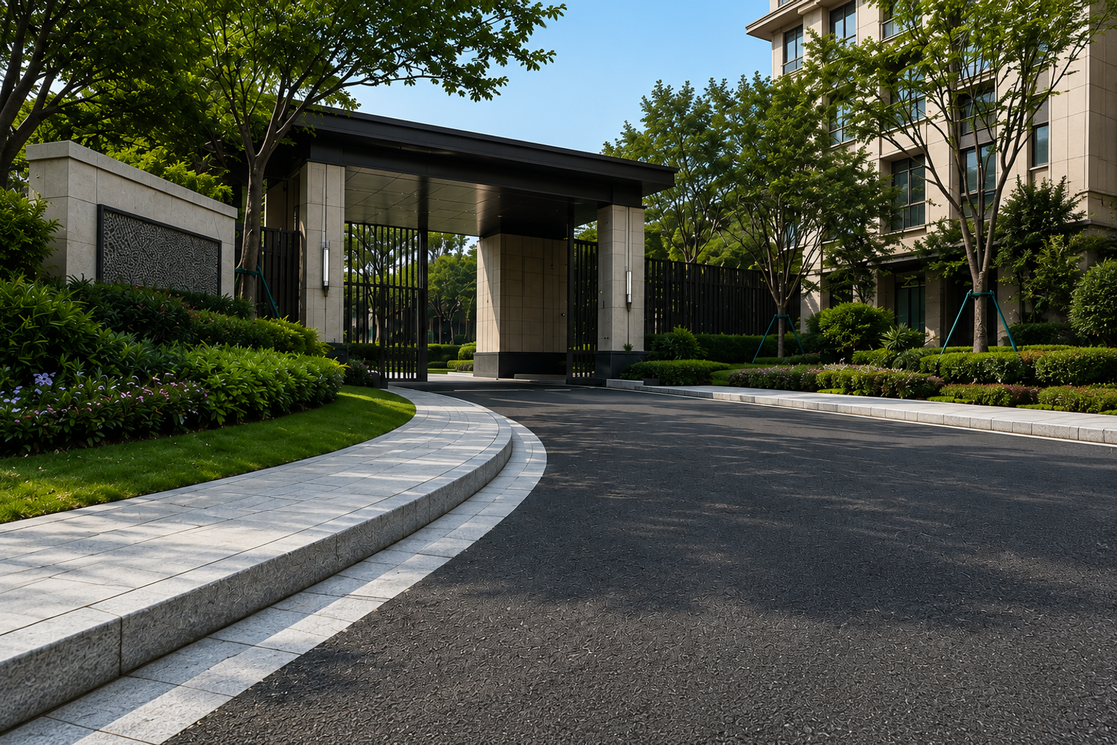 High-quality granite kerbstones defining the entrance and landscape roads of a premium residential community, connecting roadways, pedestrian paving and planted areas