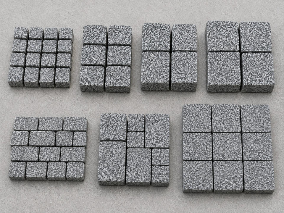 Common grey natural granite cobblestone sizes used in European projects, including 50×50, 80×80 and 100×100 mm formats for comparing paving dimensions and layouts.