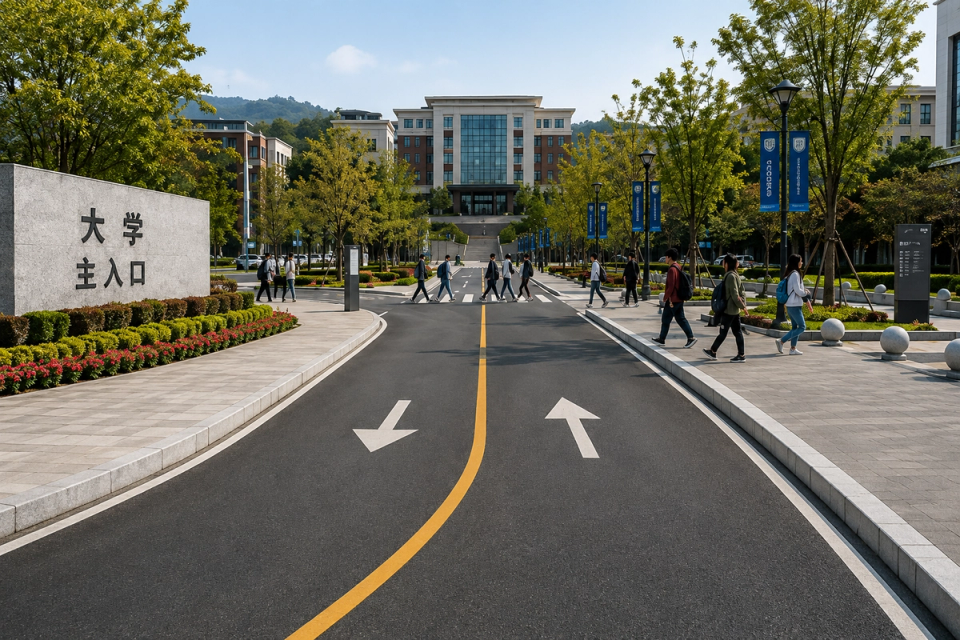 Natural granite kerbstones at a university campus main entrance connecting vehicle roads, slow-mobility paths and accessible crossings with coordinated road edges and drainage.