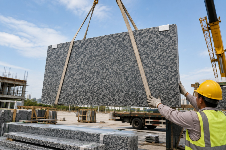Fertig bearbeitete großformatige Granitplatte beim Heben auf der Baustelle mit Hebegurten und Kantenschutz zur Vermeidung von Kantenausbrüchen.