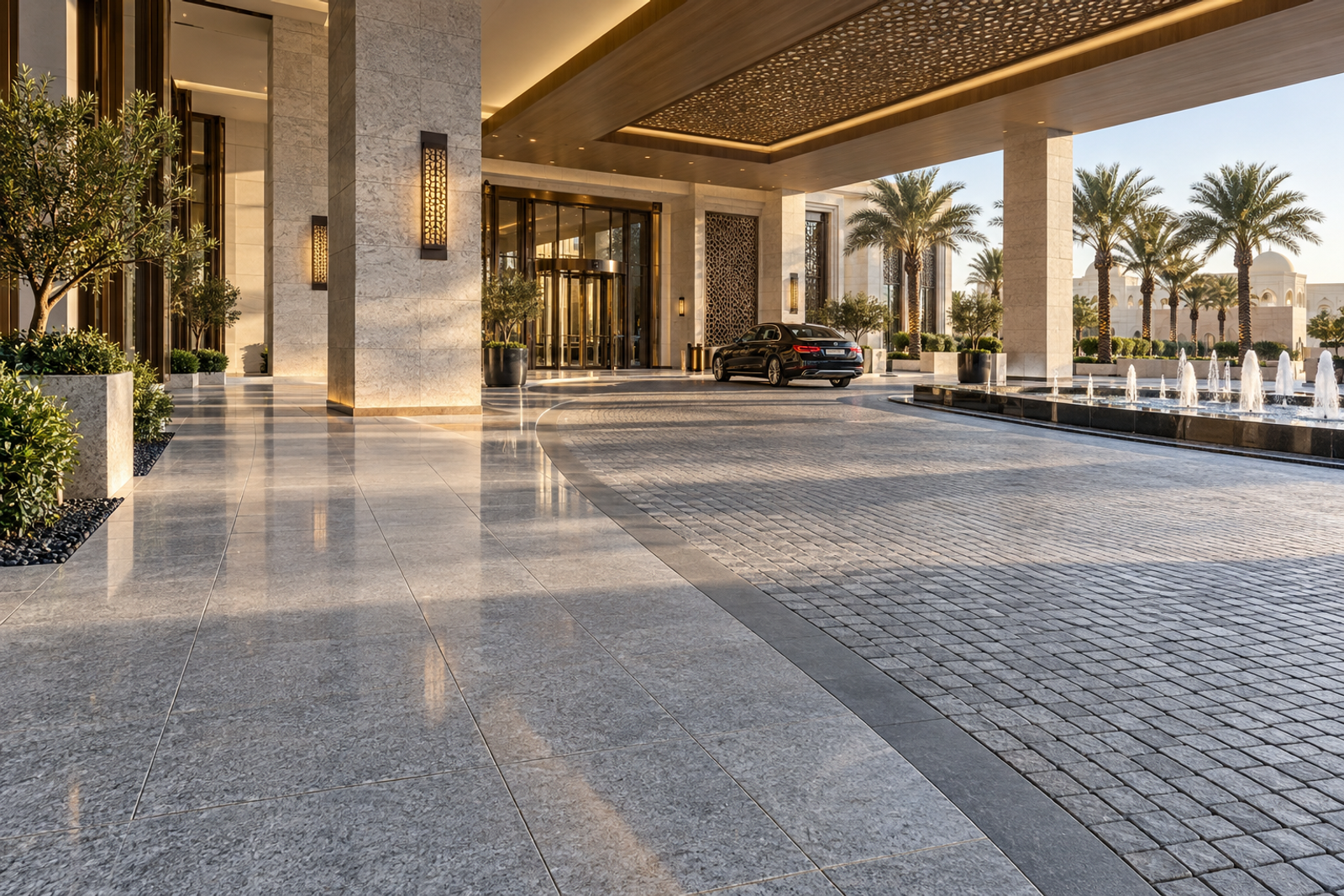 Natural granite paving at a luxury covered building entrance, combining large-format granite slabs with granite cobblestones across the pedestrian and drop-off areas