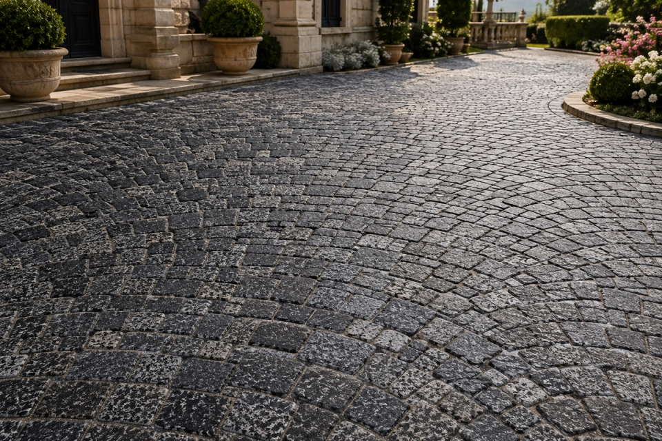 Mixed-size antique-finish granite cobblestones paving a luxury estate courtyard, with dark grey and black natural stone creating a traditional and naturally varied paving pattern.