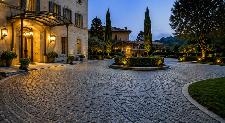 Antique finish granite cobblestones used in a European estate and boutique hotel landscape project, with fan and curved paving connecting the hotel entrance, drop-off area, courtyard and garden pathways.