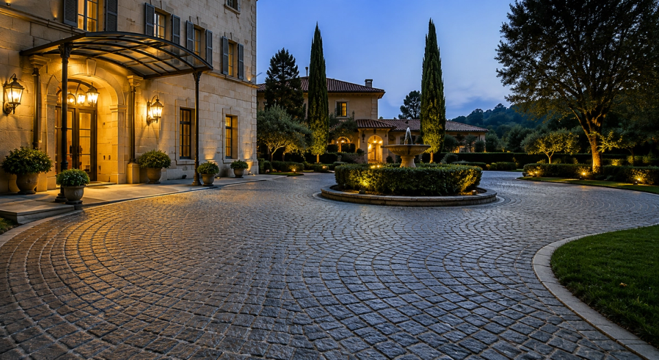 Antique finish granite cobblestones used in a European estate and boutique hotel landscape project, with fan and curved paving connecting the hotel entrance, drop-off area, courtyard and garden pathways.
