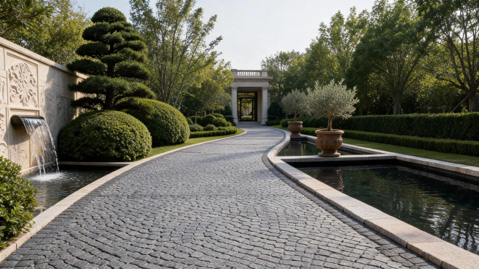 Hochwertige Gartengestaltung mit Naturgranit-Pflastersteinen, Wasserelementen und elegantem europäischem Landschaftsdesign