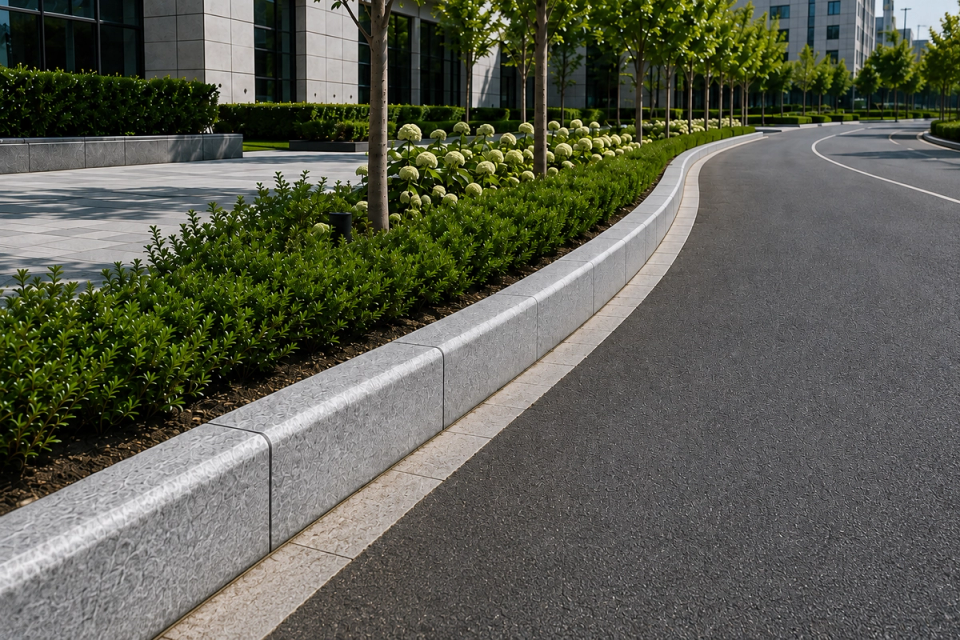 Premium light grey natural granite kerbstones used in a business park road landscape project, showing main road edges, curved corners, pedestrian separation, drainage integration and the overall streetscape.