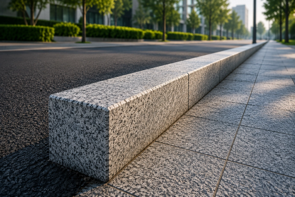 Hochwertige Granitbordsteine entlang einer modernen Straße mit gleichmäßiger Geradlinigkeit, stabilen Abmessungen und einheitlicher Oberflächenbearbeitung