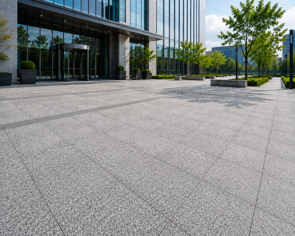 Custom granite paving slabs at a modern office headquarters entrance and large forecourt plaza, showing large-format paving, stone texture, edging and drainage details.