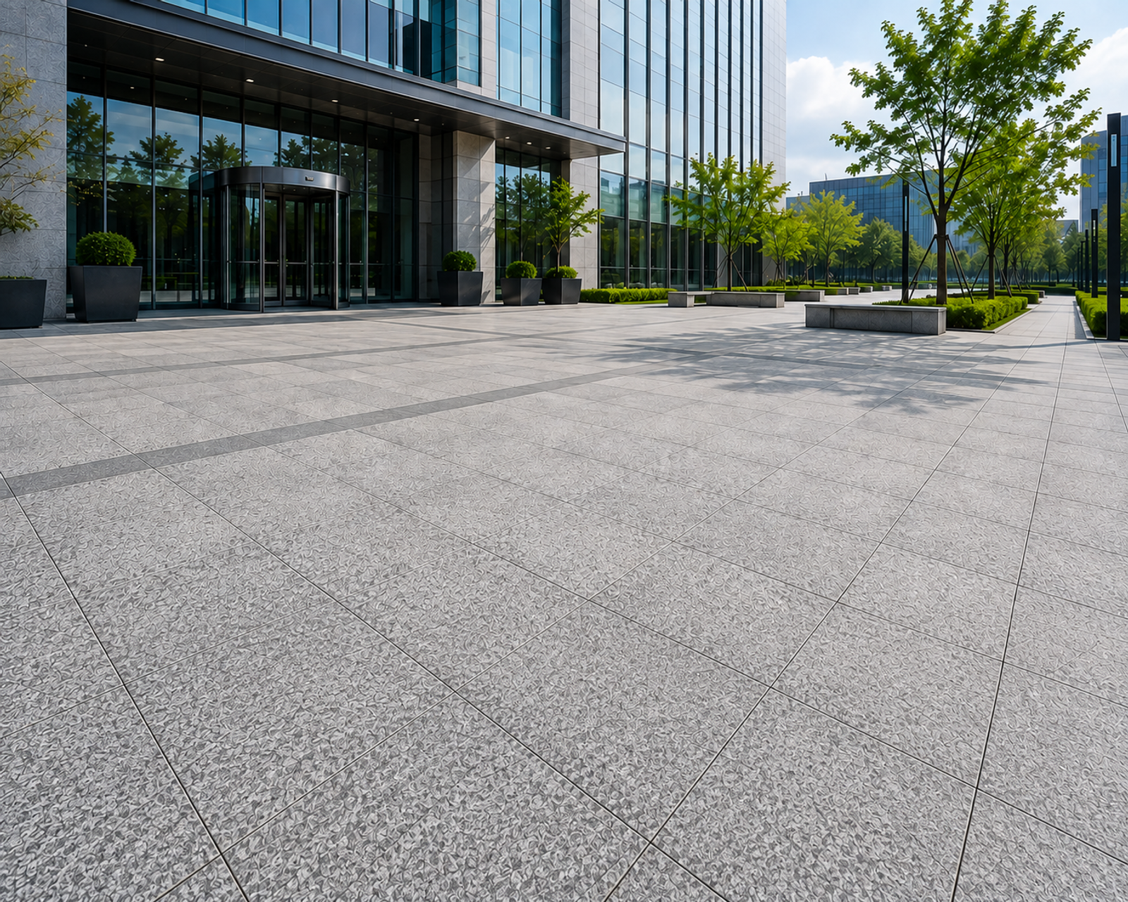 Custom granite paving slabs at a modern office headquarters entrance and large forecourt plaza, showing large-format paving, stone texture, edging and drainage details.