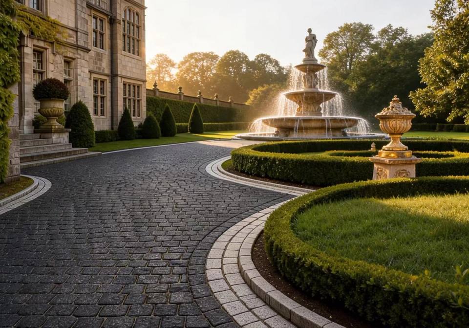 Luxury estate courtyard landscape with a classical tier fountain and curved granite cobblestone driveway paving.