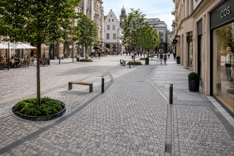 Natural granite cobblestone paving in an urban square and commercial pedestrian street with shops, trees and public seating areas.