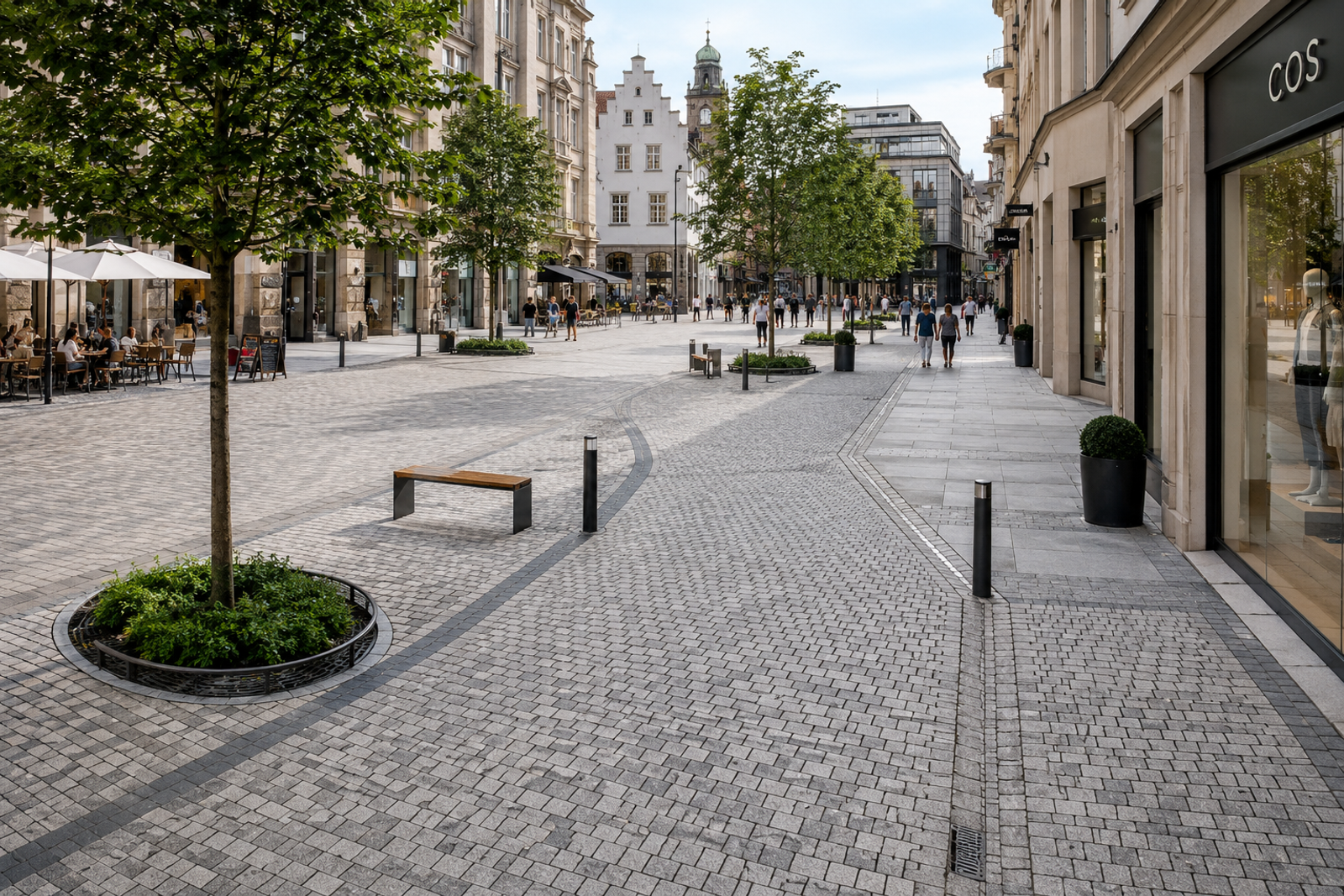 Natural granite cobblestone paving in an urban square and commercial pedestrian street with shops, trees and public seating areas.