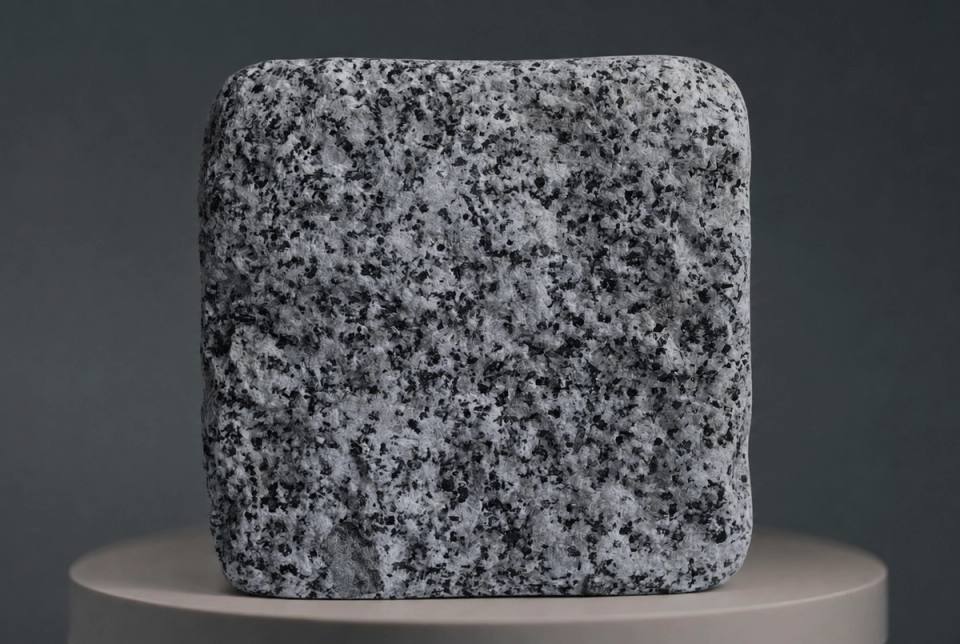 Elegan Grey Granit-Kopfsteinpflaster mit Antik-Finish, hellgrauer Grundfarbe, schwarzen, weißen und anthrazitfarbenen Mineralkörnungen sowie sanft abgerundeten Kanten.