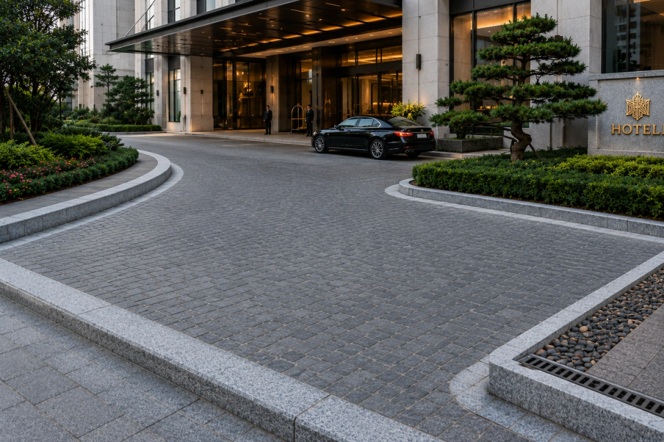 Premium natural granite kerbstones for a luxury hotel entrance, curved drop-off driveway and underground car park access, showing straight, curved, transition and lowered kerb details.