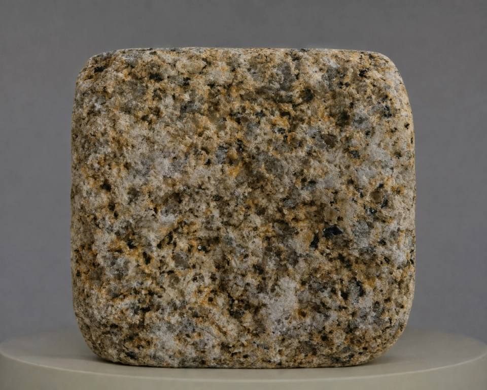 Golden Rust Granitpflasterstein mit Antik-Finish, natürlicher goldener, rostbrauner und grauweißer Mineralstruktur sowie sanft abgerundeten, gealterten Kanten.