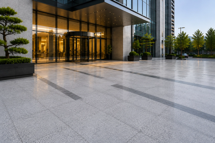 Custom light grey natural granite paving slabs used in a premium commercial building entrance project, showing the entrance plaza, drop-off area, pedestrian walkway, dark grey accent bands and large-format paving layout.