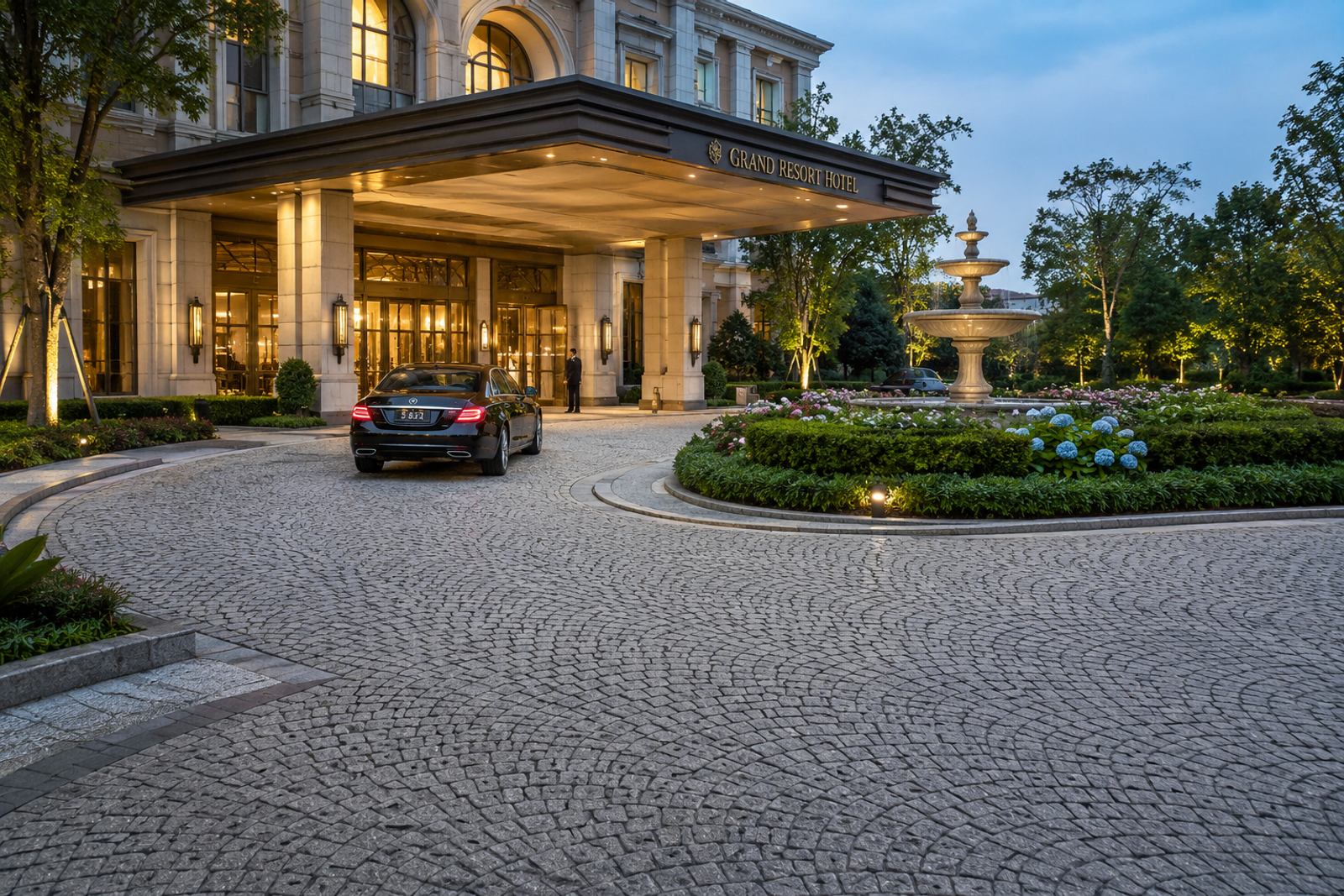 Natural granite cobblestone paving at a luxury hotel drop-off area, vehicle roundabout and main entrance with landscaped surroundings.