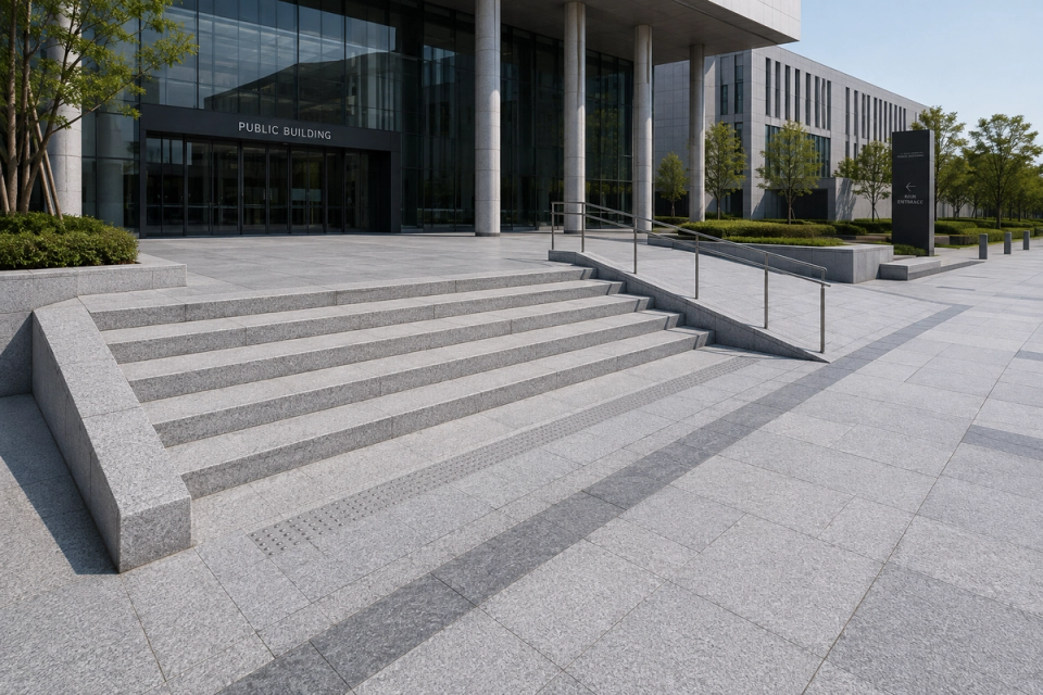 Maßgefertigte hellgraue Naturgranitplatten am Eingang eines modernen öffentlichen Gebäudes, die großformatige Eingangspflasterung, Außentreppen und eine barrierefreie Rampe zu einem harmonischen architektonischen Außenraum verbinden.