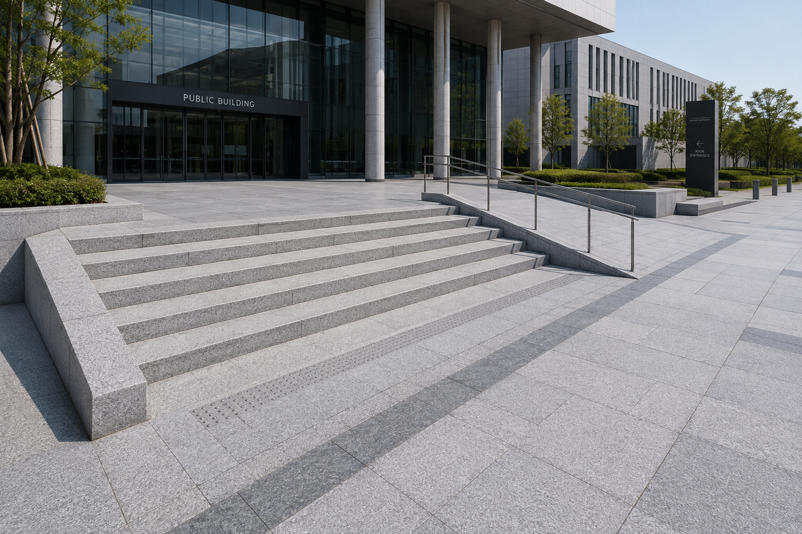 Maßgefertigte hellgraue Naturgranitplatten am Eingang eines modernen öffentlichen Gebäudes, die großformatige Eingangspflasterung, Außentreppen und eine barrierefreie Rampe zu einem harmonischen architektonischen Außenraum verbinden.