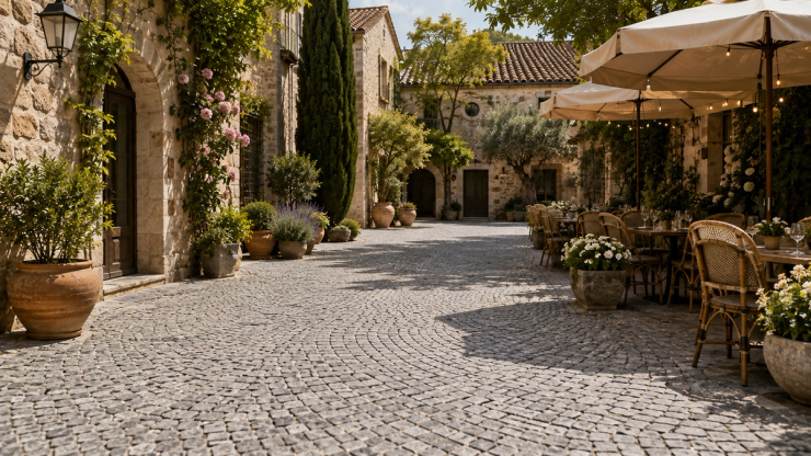 Premium natural granite cobblestones laid in a European-style courtyard, featuring curved grey stone paving that complements traditional stone architecture and landscaping