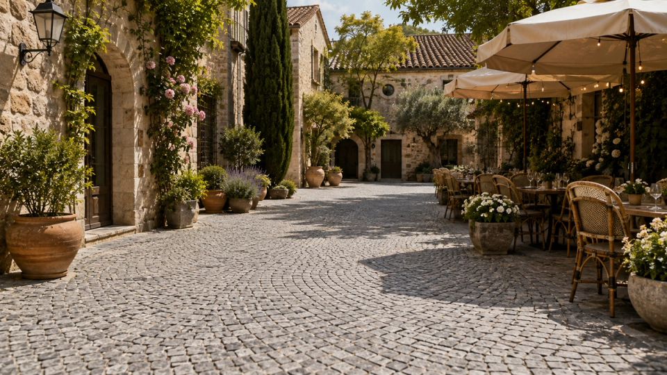 Hochwertige Naturgranit-Pflastersteine in einem europäischen Innenhof mit geschwungener grauer Pflasterung, abgestimmt auf traditionelle Steinarchitektur und Gartengestaltung