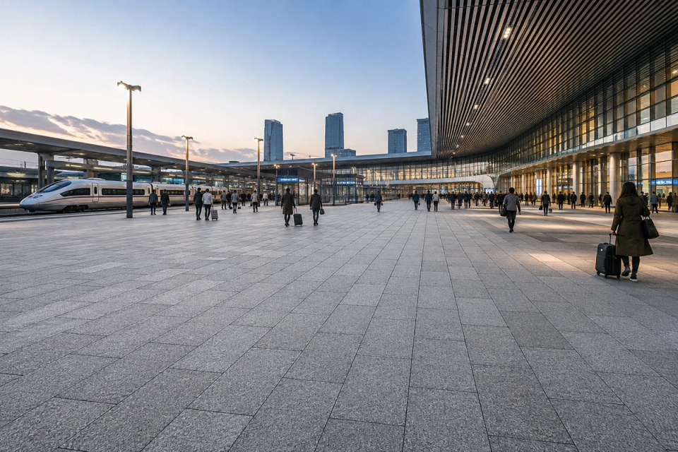 Custom granite paving slabs at a modern railway station forecourt and transport interchange, connecting platforms, station entrances and main passenger walking areas.