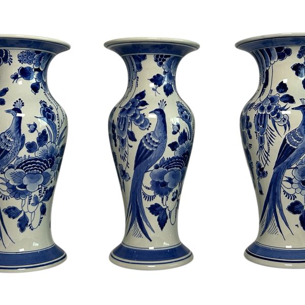 Pair of Porceleyne Fles Vases with Bird and Flowers