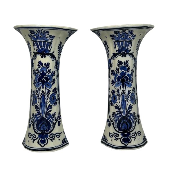 Pair of Porceleyne Fles Trumpet Vases with Floral Baskets