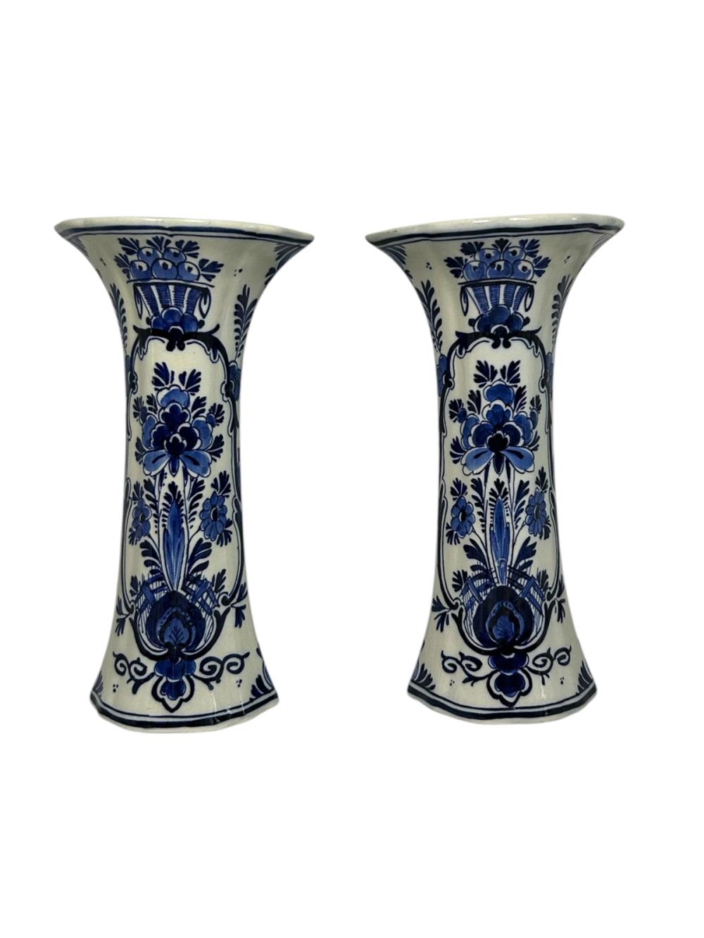 Pair of Porceleyne Fles Trumpet Vases with Floral Baskets