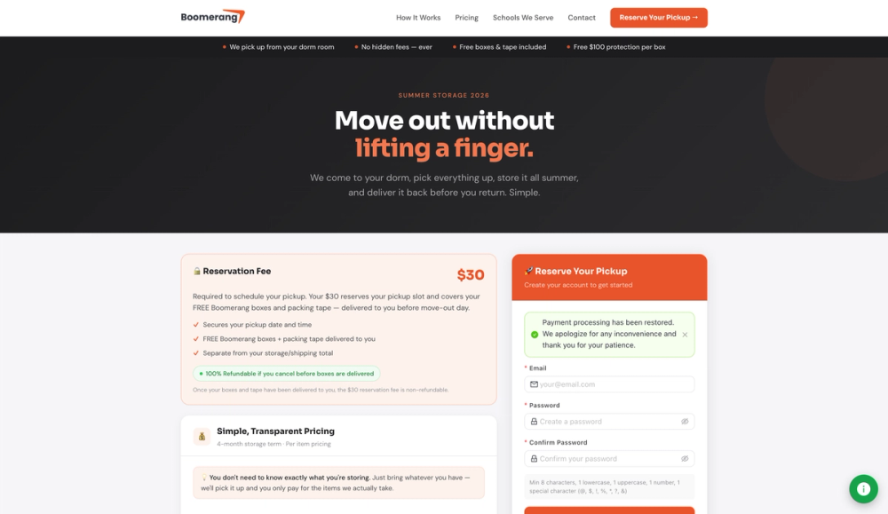 Boomerang Storage: mudanza, almacenamiento y envío de campus universitarios