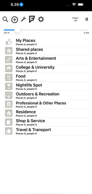 A screenshot of the Blind Square app suggesting different locations to view, such as saved places, entertainment, transport, food and more.
