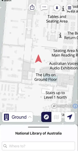 A screenshot of the Bindi Maps app showing different landmarks at the National Library of Australia.