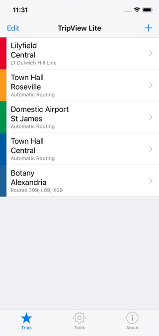A screenshot of the TripView app showing a users saved routes.