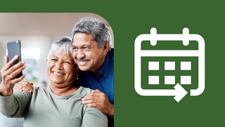 A couple looking at a mobile phone together. Next to them is a white calendar icon on a green background.