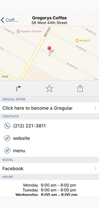 A screenshot of the AroundMe app displaying a map to the venue and key details about it.