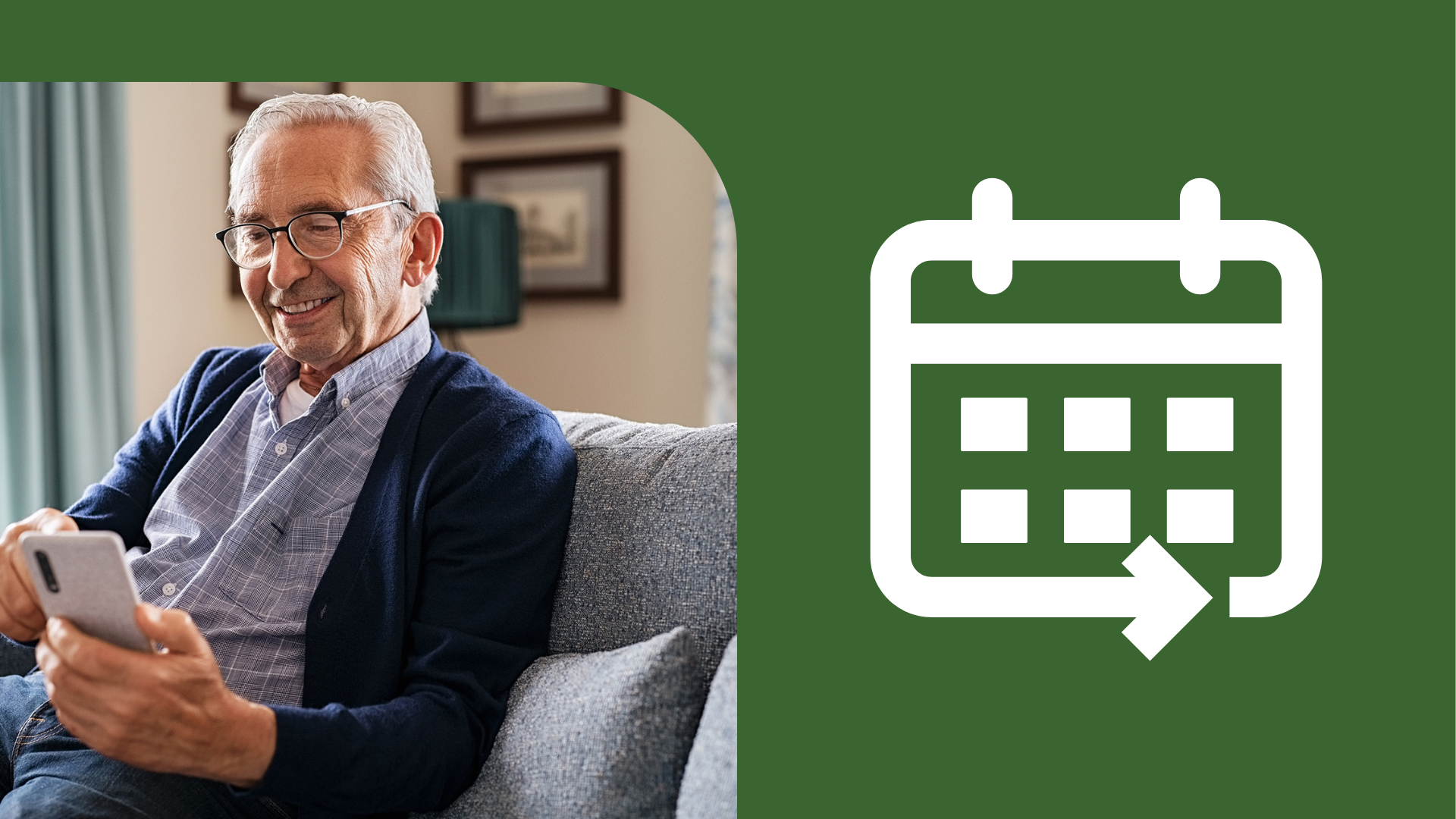 A man sits on a sofa bus scrolling on his phone. Next to him is a white calendar icon on a green background.