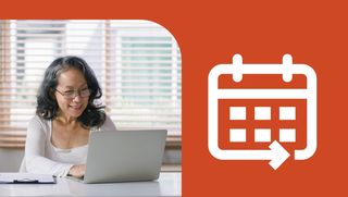 An older woman uses her laptop at a table. An orange background sits to the right of the image with a white calendar icon.