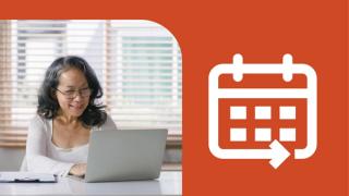 An older woman uses her laptop at a table. An orange background sits to the right of the image with a white calendar icon. 