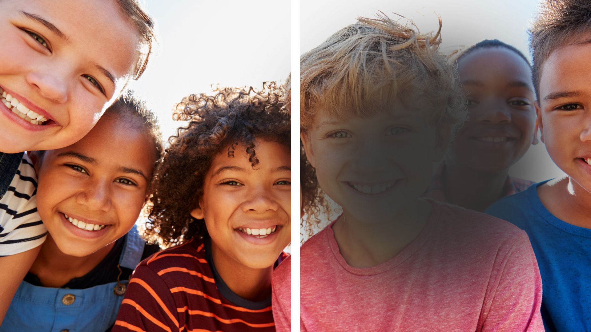 An image of children's faces with the right side showing the effects of AMD on vision