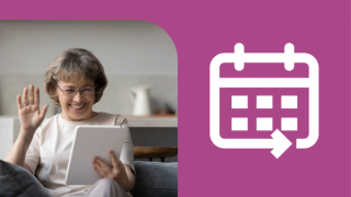 A woman using her tablet at home. A white calendar on a pink background sits to the right of the image.