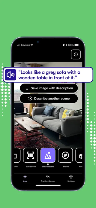 A screenshot of Envision AI app describing a scene a lounge room. Text reads "Looks like a grey sofa with a wooden sofa in front of it".