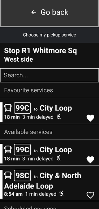 A screenshot of the See Me app listing different bus services from your stop.